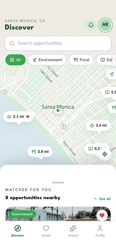 Discover tab with the map and nearby opportunities
