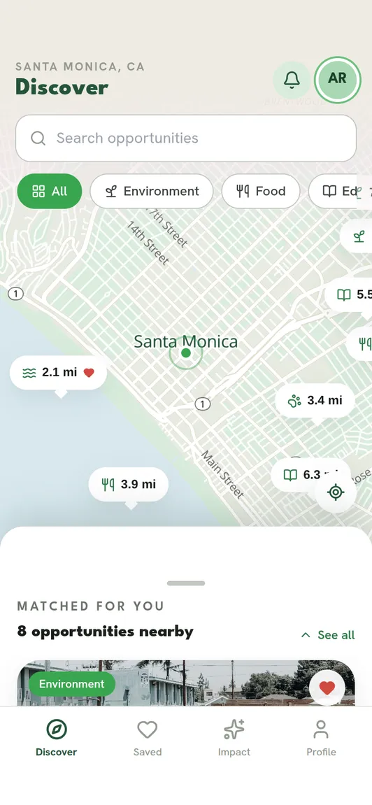 The Discover tab: a map of nearby volunteer opportunities with a list underneath
