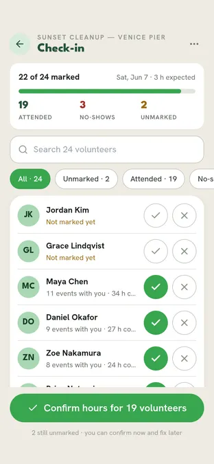 On-site check-in on the phone: attended and no-show toggles per volunteer